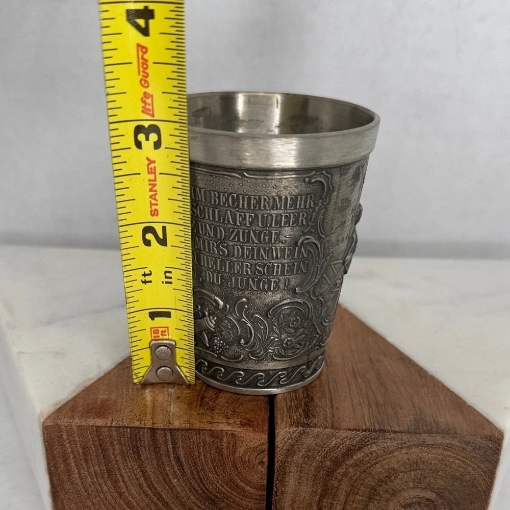 Vintage Ornate Frieling Zinn German Pewter Wine Cup Glass Embossed Mug